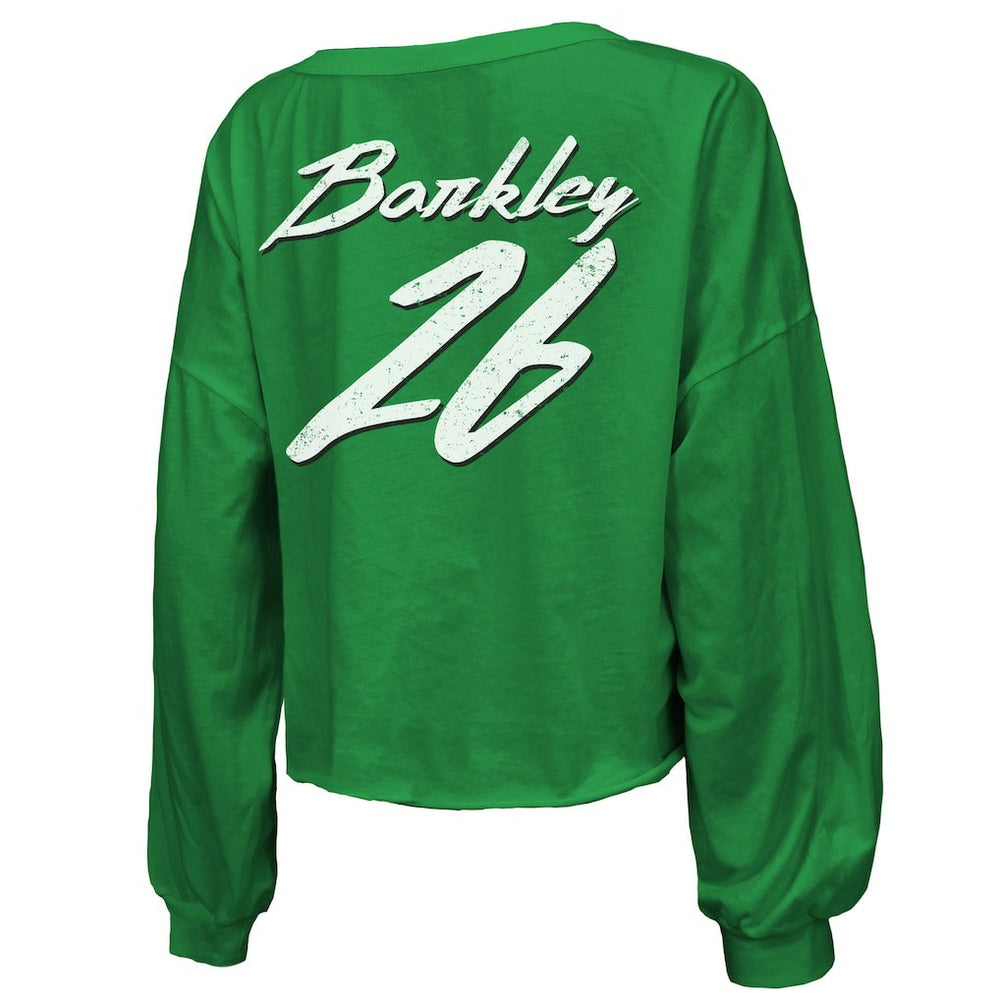 Saquon Barkley Philadelphia Eagles Majestic Threads Women's Name & Number Off-Shoulder Script Cropped Long Sleeve Relaxed V-Neck T-Shirt - Kelly Green T-shirts