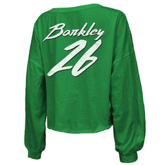 Saquon Barkley Philadelphia Eagles Majestic Threads Women's Name & Number Off-Shoulder Script Cropped Long Sleeve Relaxed V-Neck T-Shirt - Kelly Green T-shirts