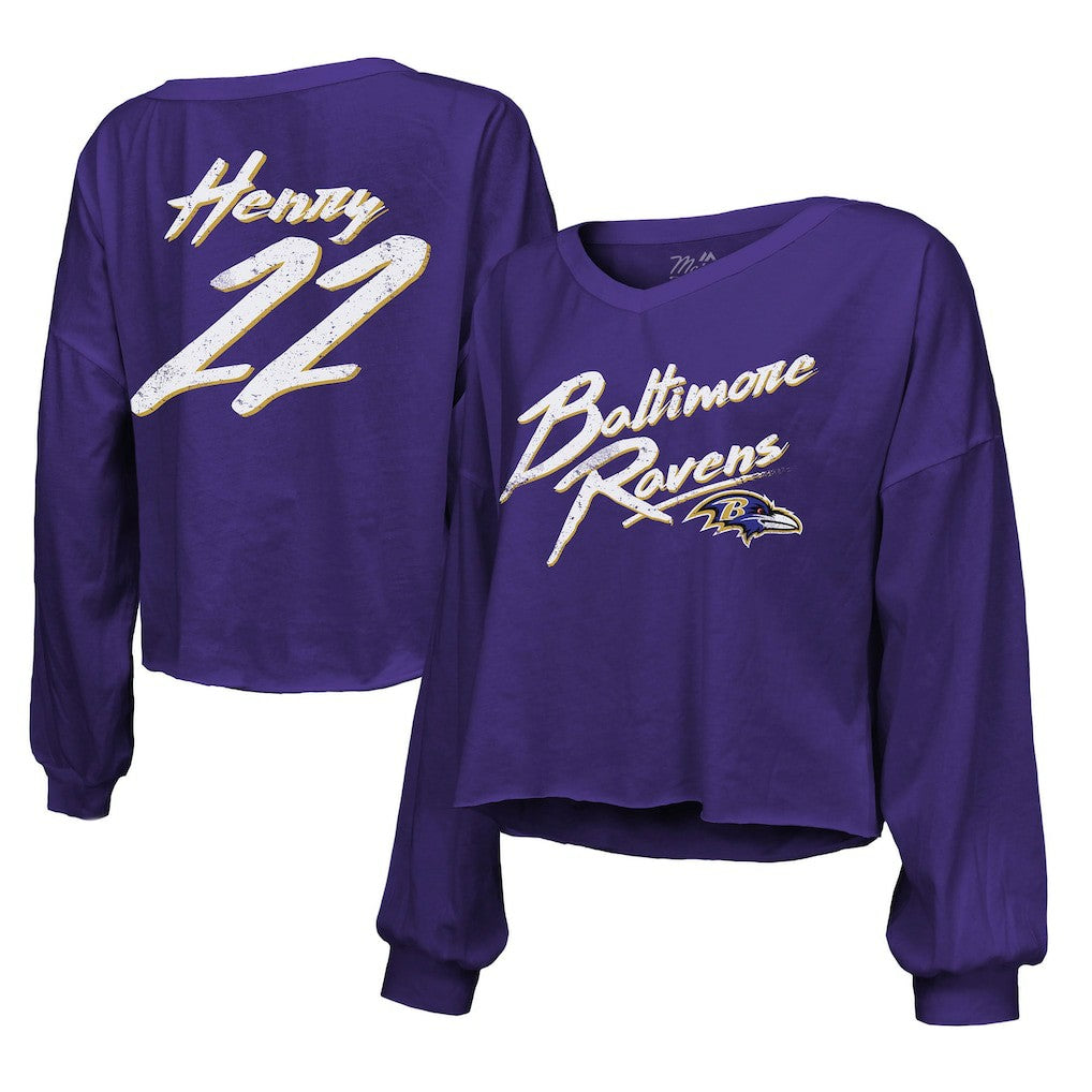 Derrick Henry Baltimore Ravens Majestic Threads Women's Name & Number Off-Shoulder Script Cropped Long Sleeve Relaxed V-Neck T-Shirt - Purple T-shirts