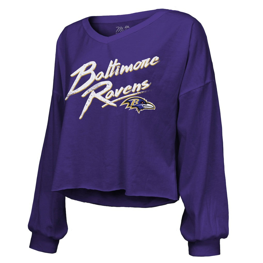 Derrick Henry Baltimore Ravens Majestic Threads Women's Name & Number Off-Shoulder Script Cropped Long Sleeve Relaxed V-Neck T-Shirt - Purple T-shirts