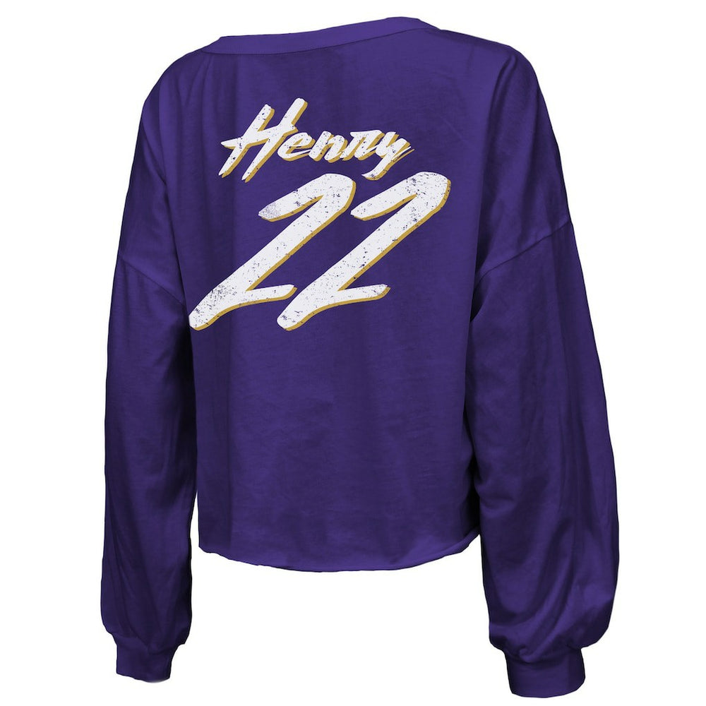 Derrick Henry Baltimore Ravens Majestic Threads Women's Name & Number Off-Shoulder Script Cropped Long Sleeve Relaxed V-Neck T-Shirt - Purple T-shirts