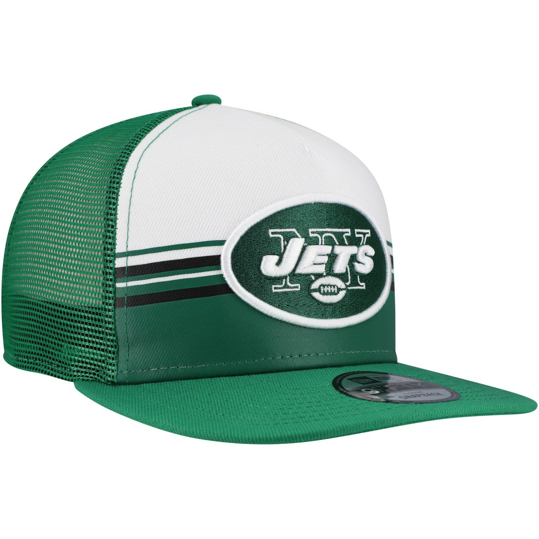 New York Jets New Era Striped A-Frame 9FIFTY Adjustable Trucker Snapback Hat - White/Green Hats