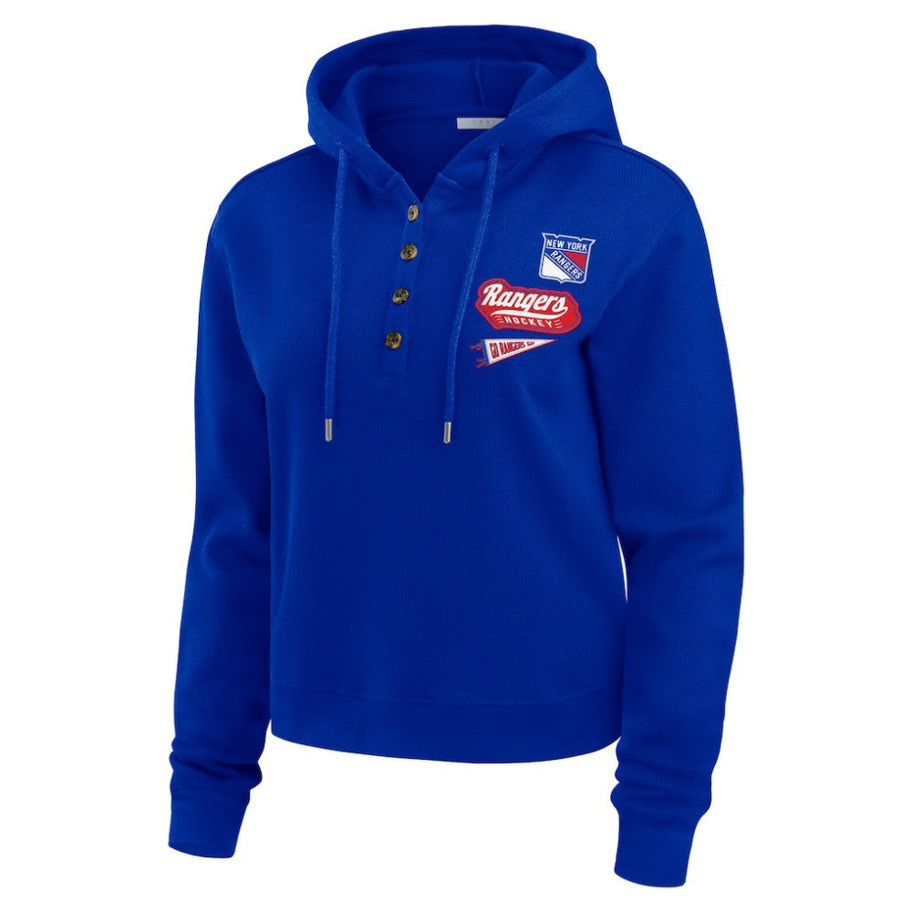 New York Rangers WEAR by Erin Andrews Women's Waffle-Knit Pullover Hoodie - Blue | US 201429708
