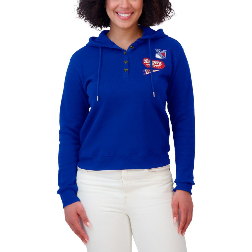 New York Rangers WEAR by Erin Andrews Women's Waffle-Knit Pullover Hoodie - Blue | US 201429708
