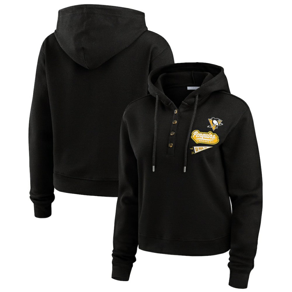 Pittsburgh Penguins WEAR by Erin Andrews Women's Waffle-Knit Pullover Hoodie - Black | US 201429710