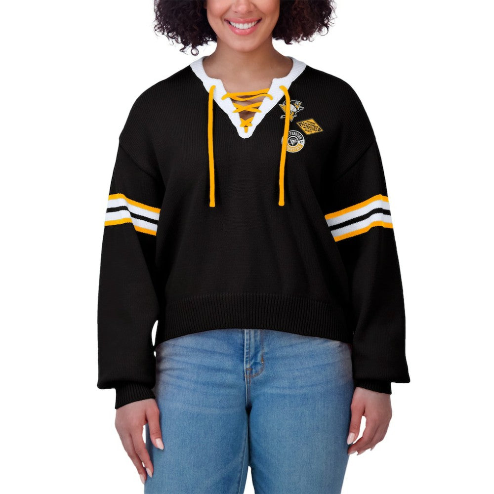 Pittsburgh Penguins WEAR by Erin Andrews Women's Cropped Lace-Up Sweater - Black | US 201429721