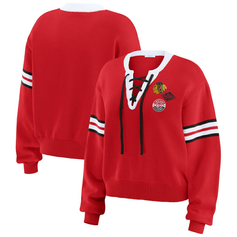 Chicago Blackhawks WEAR by Erin Andrews Women's Cropped Lace-Up Sweater - Red | US 201429722
