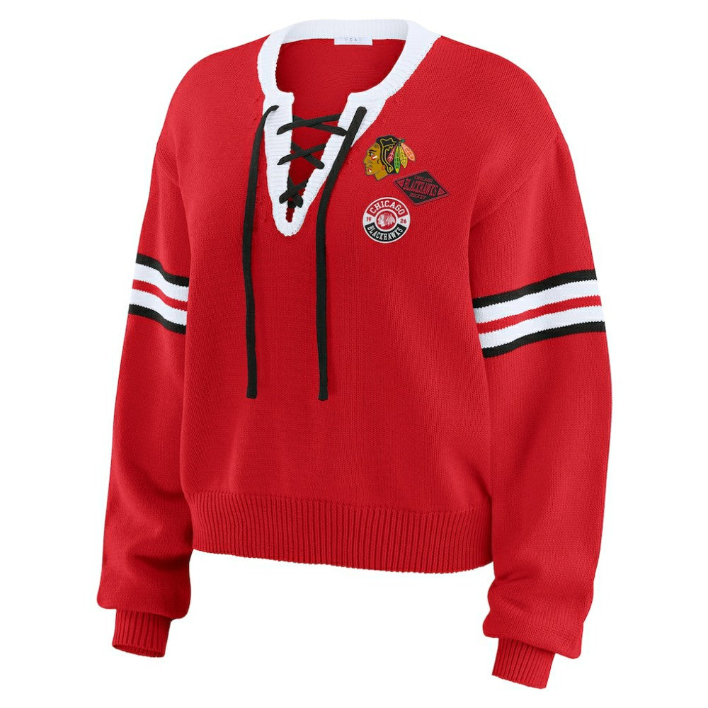Chicago Blackhawks WEAR by Erin Andrews Women's Cropped Lace-Up Sweater - Red | US 201429722