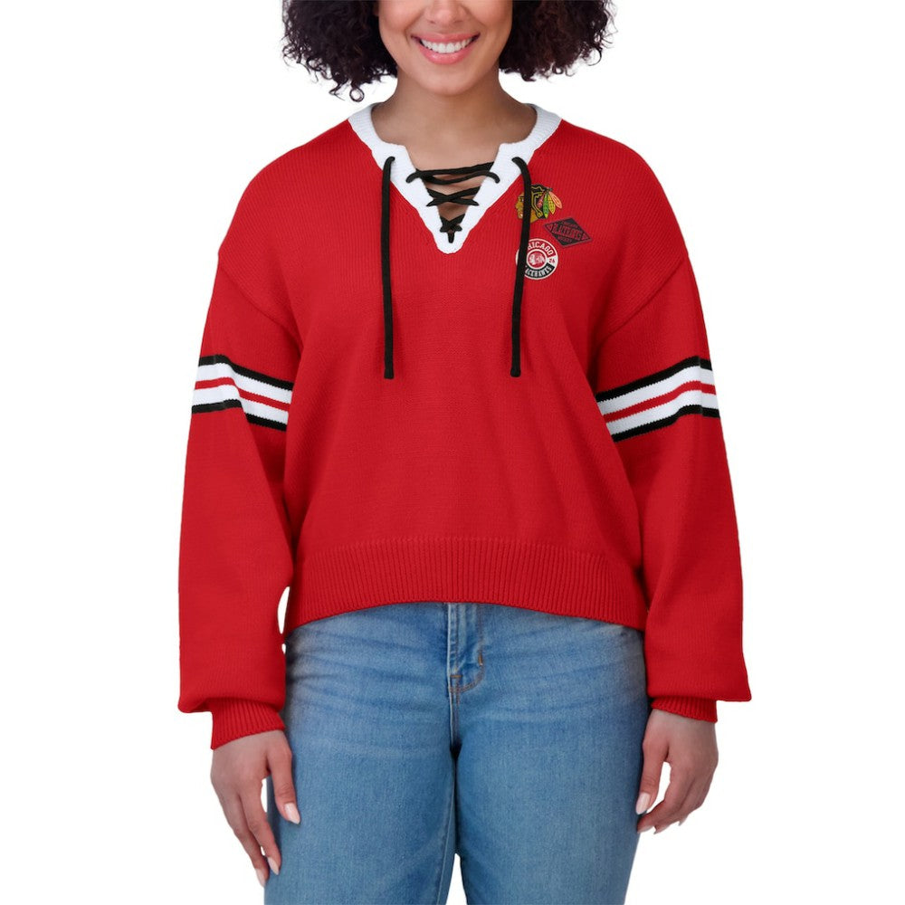 Chicago Blackhawks WEAR by Erin Andrews Women's Cropped Lace-Up Sweater - Red | US 201429722