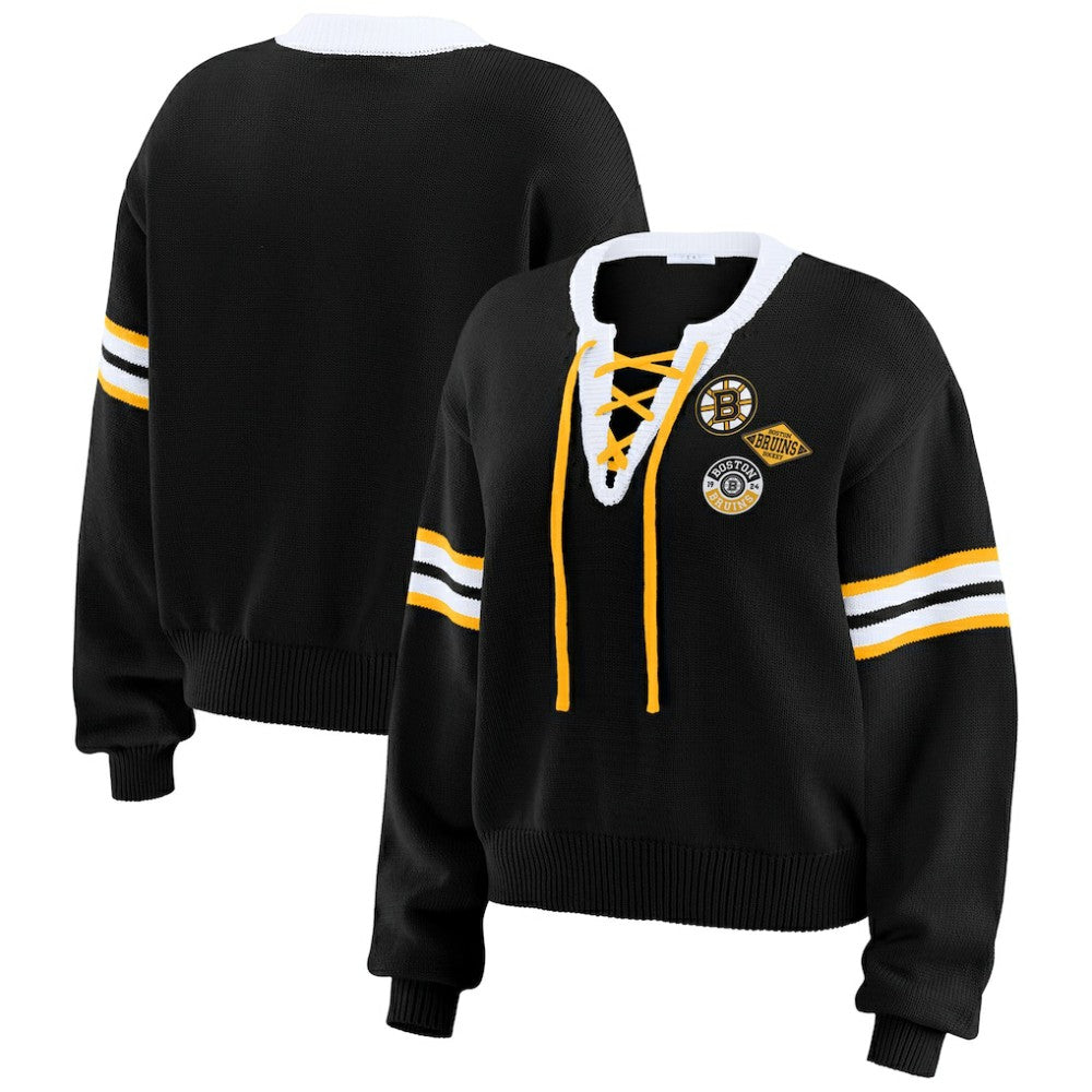 Boston Bruins WEAR by Erin Andrews Women's Cropped Lace-Up Sweater - Black | US 201429723
