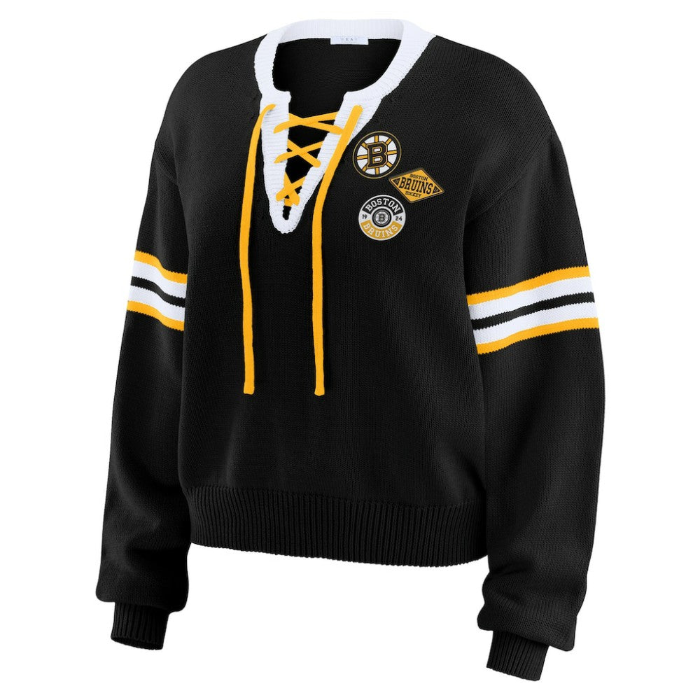 Boston Bruins WEAR by Erin Andrews Women's Cropped Lace-Up Sweater - Black | US 201429723