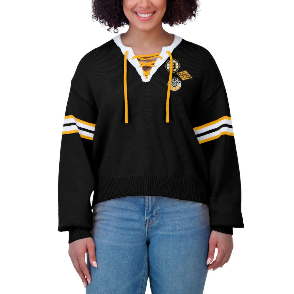 Boston Bruins WEAR by Erin Andrews Women's Cropped Lace-Up Sweater - Black | US 201429723