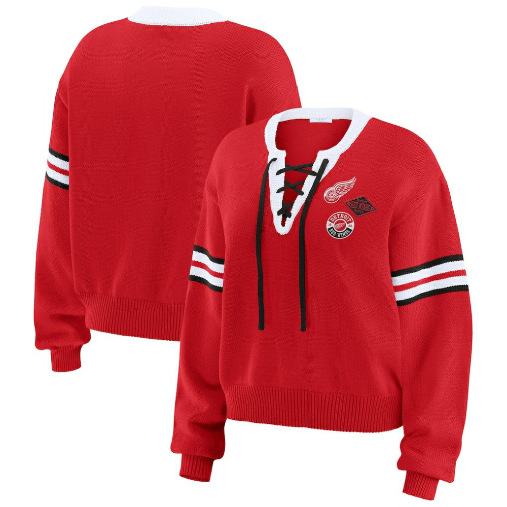 Detroit Red Wings WEAR by Erin Andrews Women's Cropped Lace-Up Sweater - Red | US 201429725