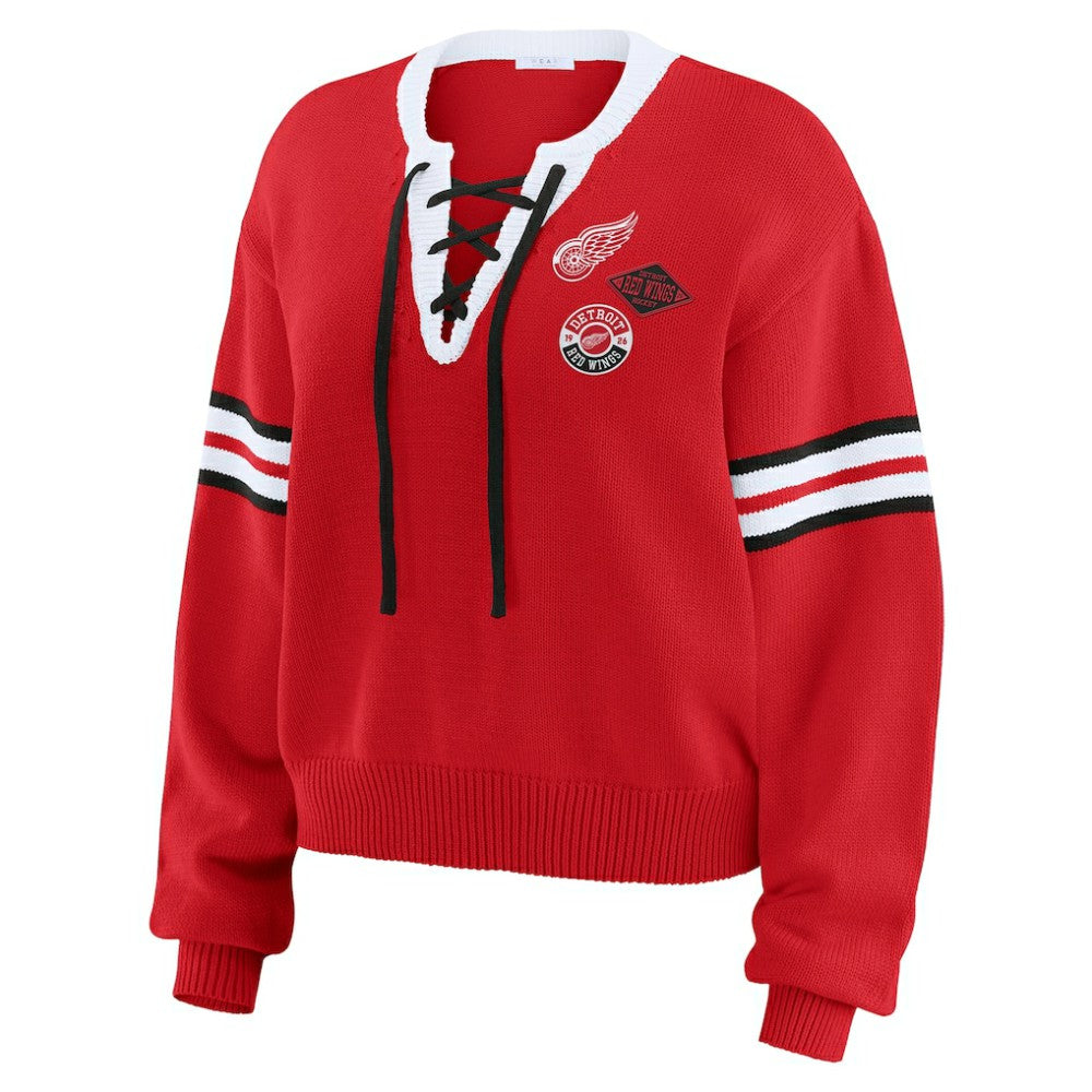 Detroit Red Wings WEAR by Erin Andrews Women's Cropped Lace-Up Sweater - Red | US 201429725