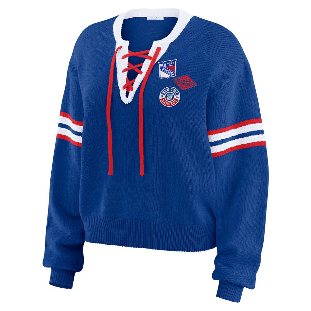 New York Rangers WEAR by Erin Andrews Women's Cropped Lace-Up Sweater - Blue | US 201429726