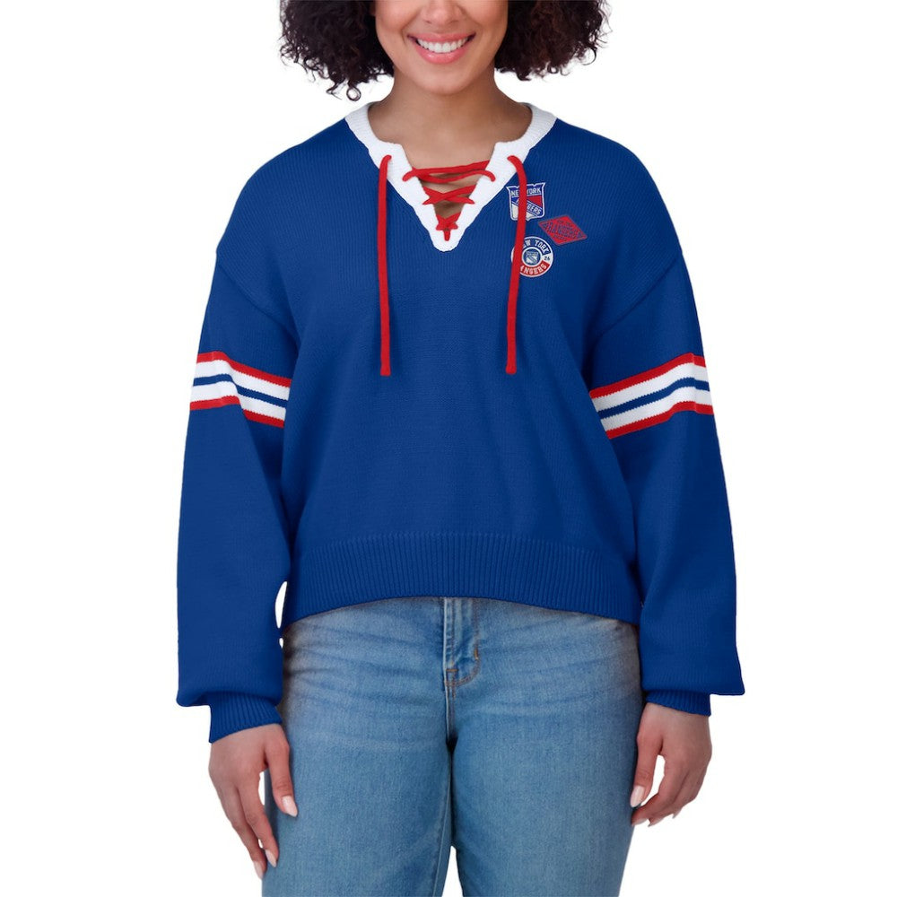 New York Rangers WEAR by Erin Andrews Women's Cropped Lace-Up Sweater - Blue | US 201429726