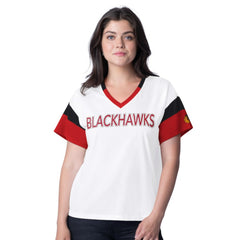 Chicago Blackhawks G-III 4Her by Carl Banks Women's Rink Oversized Rhinestone V-Neck T-Shirt - White | US 201432656