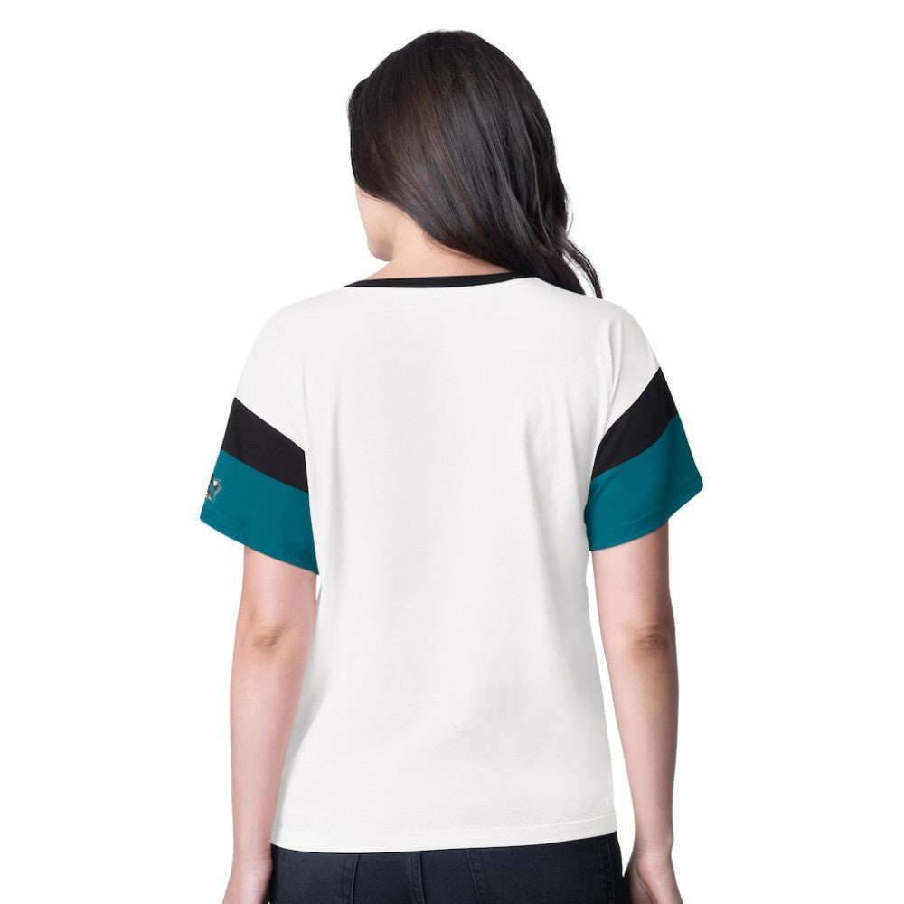 San Jose Sharks G-III 4Her by Carl Banks Women's Rink Oversized Rhinestone V-Neck T-Shirt - White | US 201432659