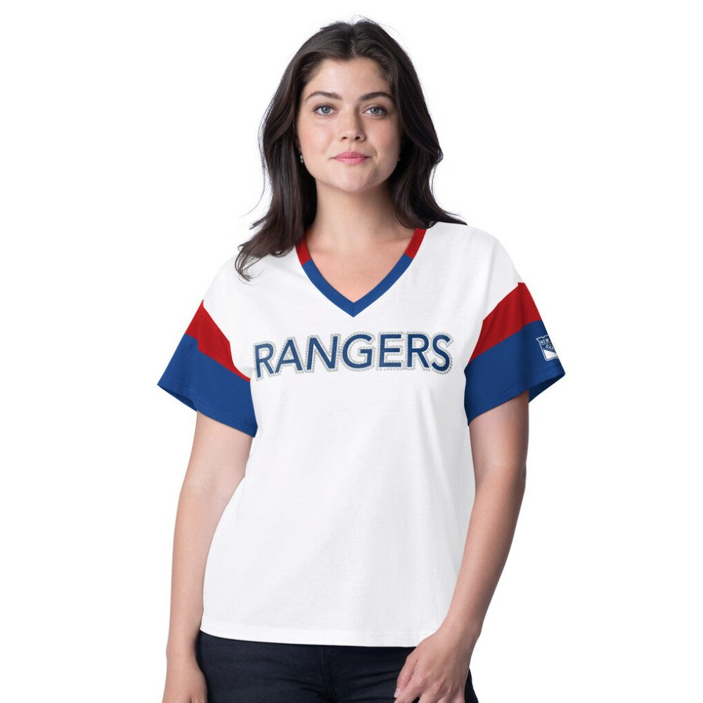 New York Rangers G-III 4Her by Carl Banks Women's Rink Oversized Rhinestone V-Neck T-Shirt - White | US 201432660