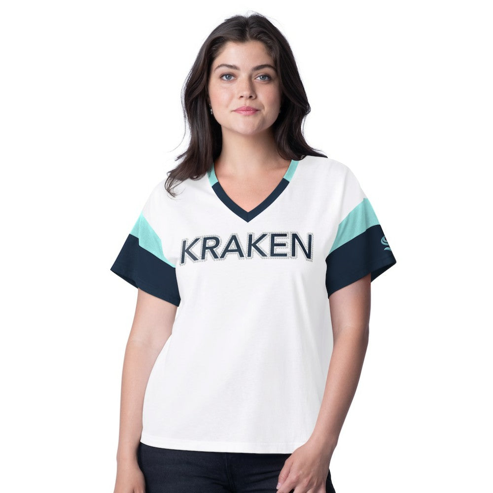 Seattle Kraken G-III 4Her by Carl Banks Women's Rink Oversized Rhinestone V-Neck T-Shirt - White | US 201432662