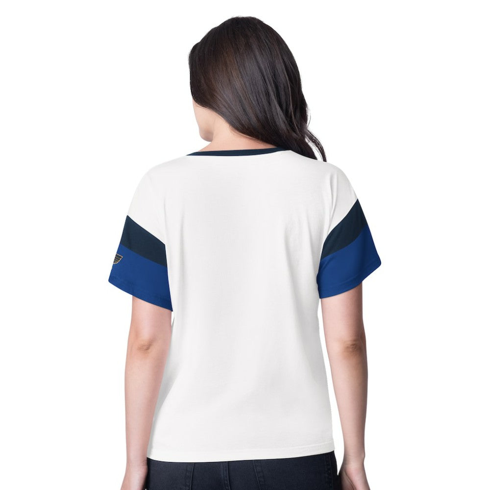 St. Louis Blues G-III 4Her by Carl Banks Women's Rink Oversized Rhinestone V-Neck T-Shirt - White | US 201432663