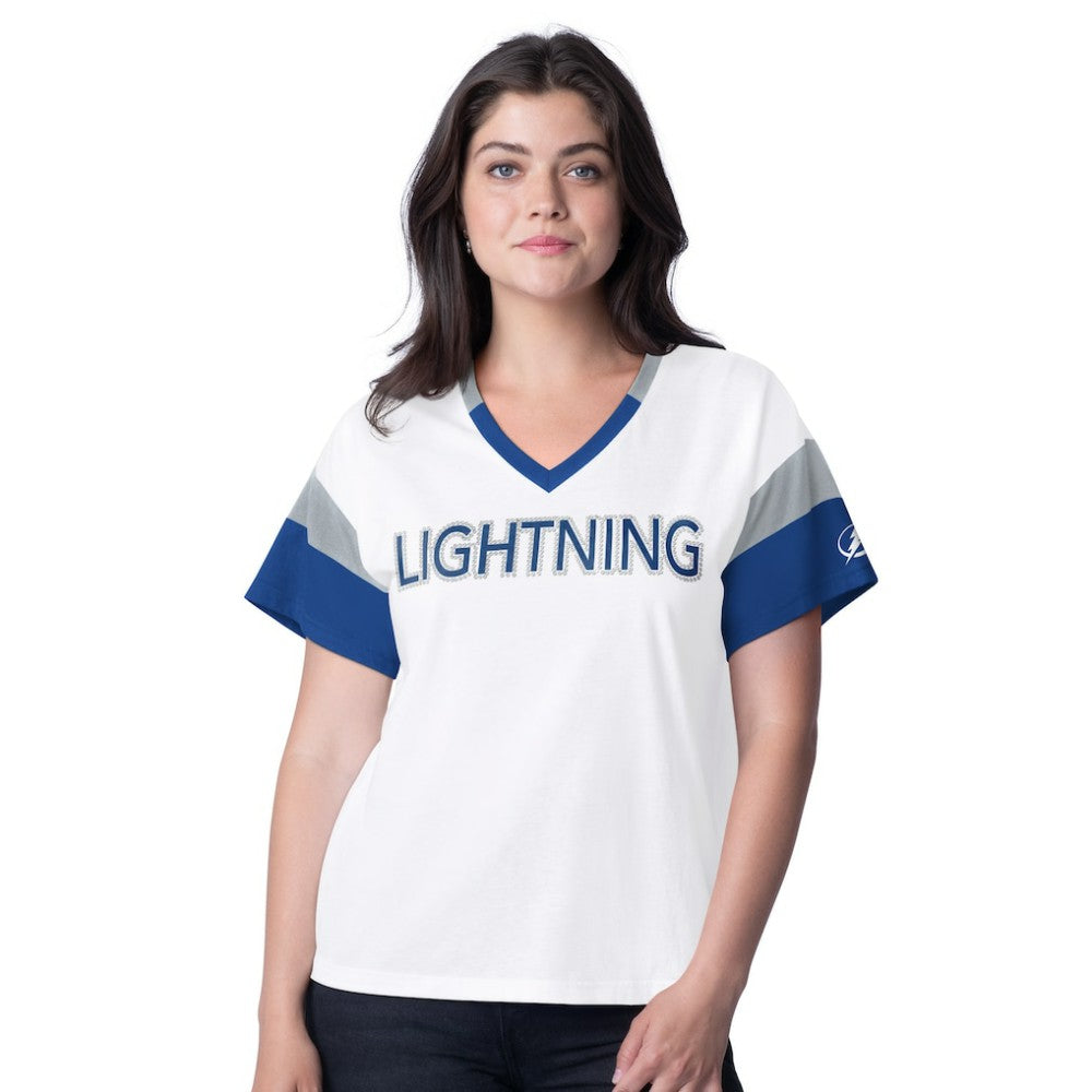 Tampa Bay Lightning G-III 4Her by Carl Banks Women's Rink Oversized Rhinestone V-Neck T-Shirt - White | US 201432664