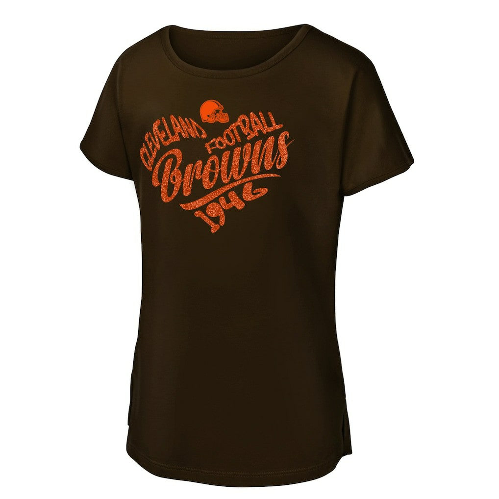 Cleveland Browns Girls Youth Script Heart Dolman T-Shirt - Brown T-shirts