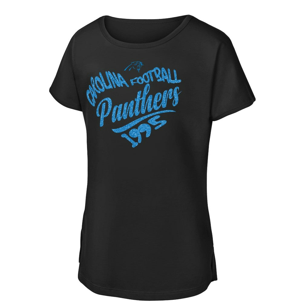 Carolina Panthers Girls Youth Script Heart Dolman T-Shirt - Black T-shirts