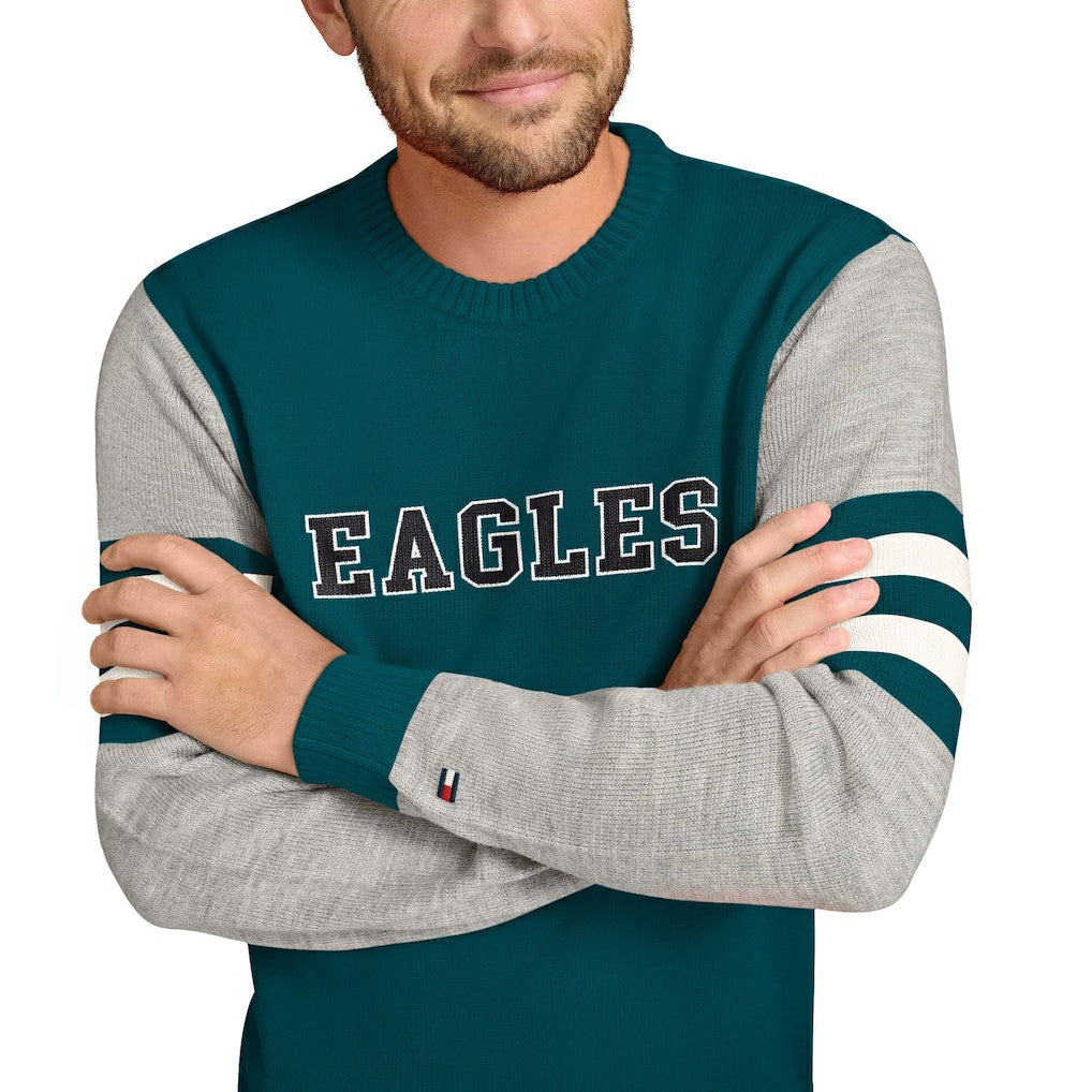 Philadelphia Eagles Tommy Hilfiger Acrylic Crewneck Pullover Sweater - Green/Heather Gray Pullover