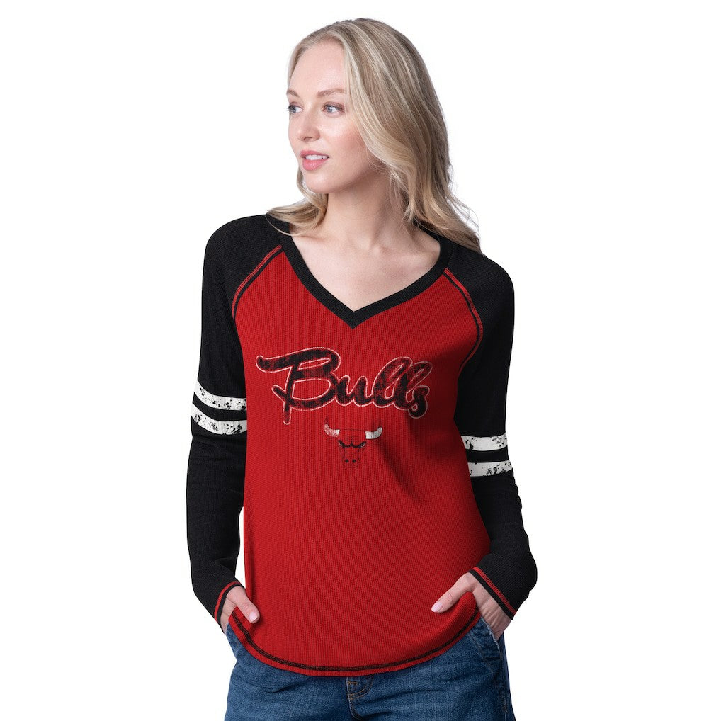 Chicago Bulls G-III 4Her by Carl Banks Women's Winner Waffle Knit Thermal Long Sleeve Tri-Blend T-Shirt Red/Black outlet