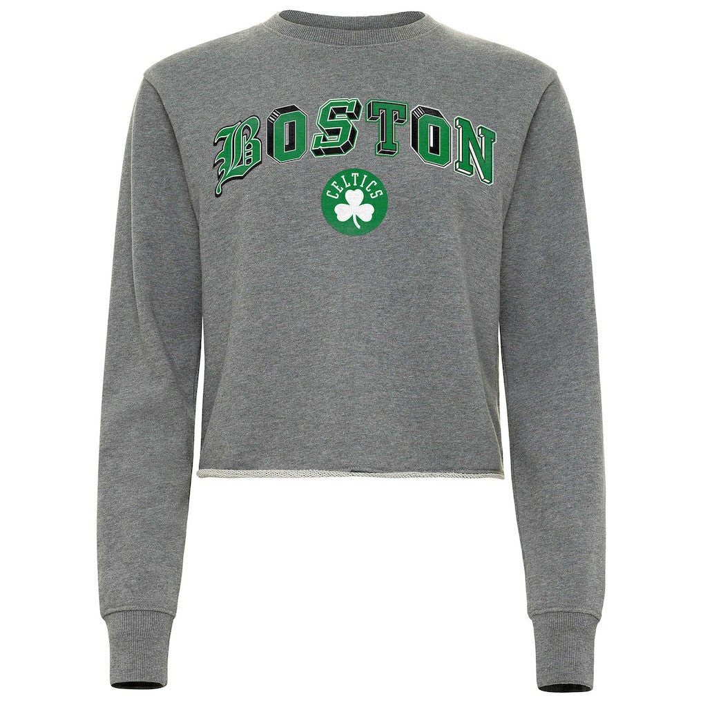 Boston Celtics Sportiqe Women's Varsity Collection Kacey Cropped Pullover Sweatshirt Heather Gray