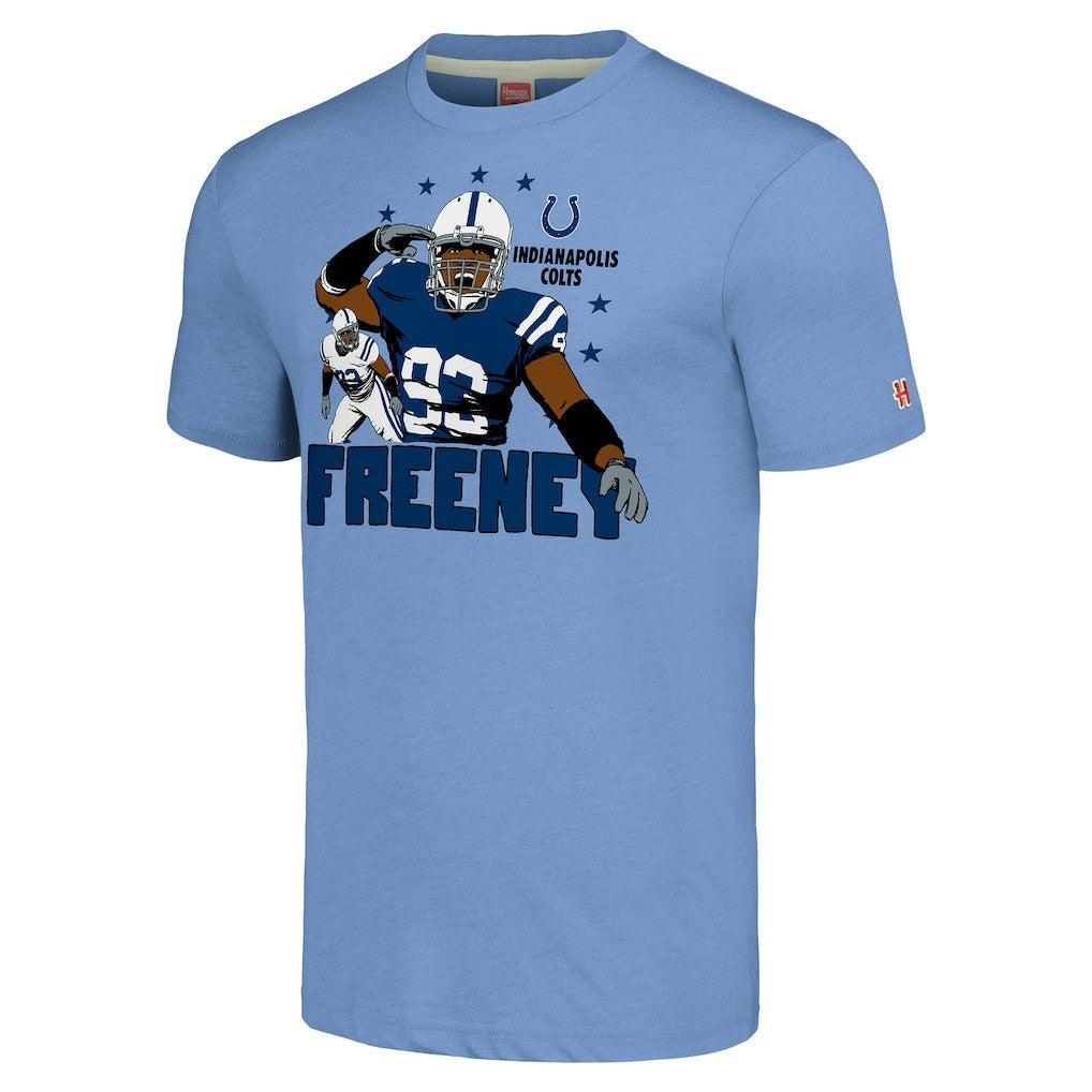 Dwight Freeney Indianapolis Colts Homage Unisex Caricature Retired Player Tri-Blend T-Shirt - Light Blue T-shirts