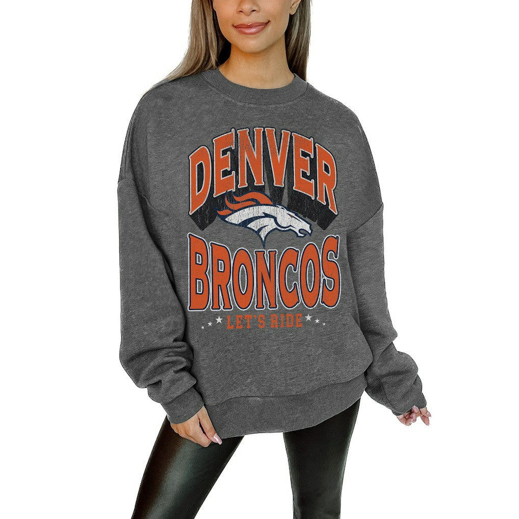 Denver Broncos Gameday Couture Women's Oversized Long Weekend Premium Fleece Drop Shoulder Pullover Sweatshirt - Charcoal Pullover