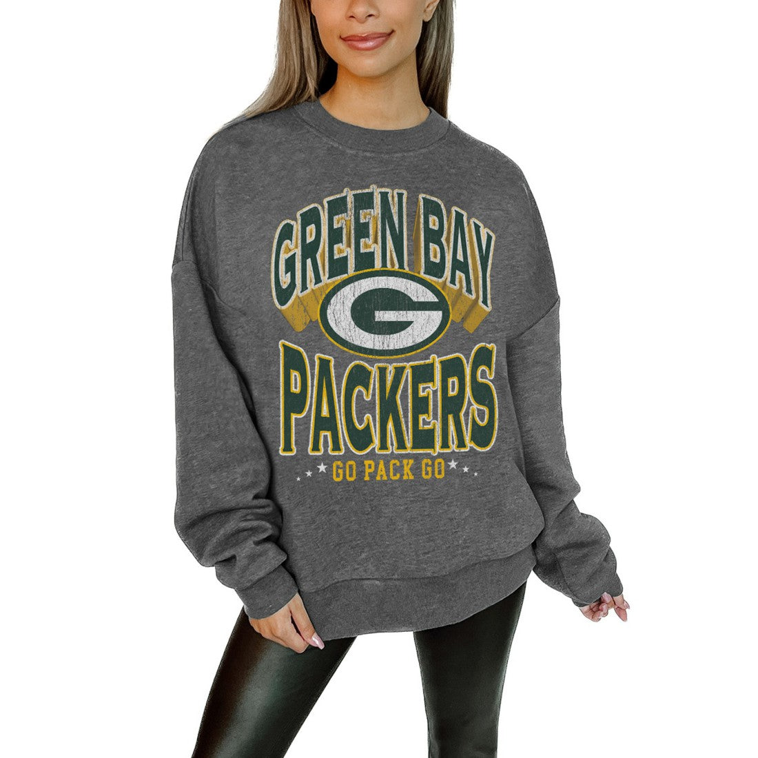 Green Bay Packers Gameday Couture Women's Oversized Long Weekend Premium Fleece Drop Shoulder Pullover Sweatshirt - Charcoal Pullover