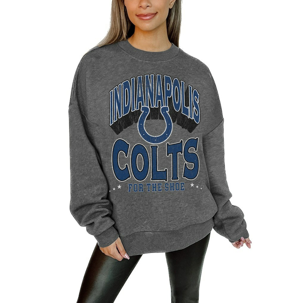 Indianapolis Colts Gameday Couture Women's Oversized Long Weekend Premium Fleece Drop Shoulder Pullover Sweatshirt - Charcoal Pullover