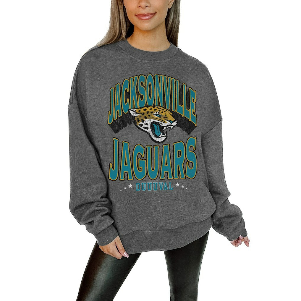Jacksonville Jaguars Gameday Couture Women's Oversized Long Weekend Premium Fleece Drop Shoulder Pullover Sweatshirt - Charcoal Pullover