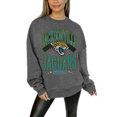 Jacksonville Jaguars Gameday Couture Women's Oversized Long Weekend Premium Fleece Drop Shoulder Pullover Sweatshirt - Charcoal Pullover