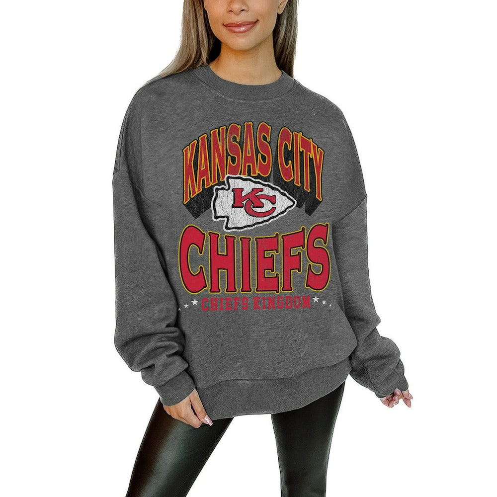 Kansas City Chiefs Gameday Couture Women's Oversized Long Weekend Premium Fleece Drop Shoulder Pullover Sweatshirt - Charcoal Pullover
