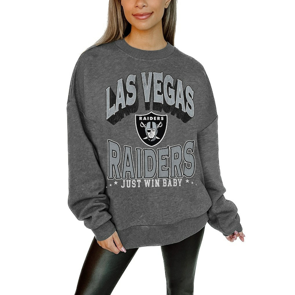 Las Vegas Raiders Gameday Couture Women's Oversized Long Weekend Premium Fleece Drop Shoulder Pullover Sweatshirt - Charcoal Pullover