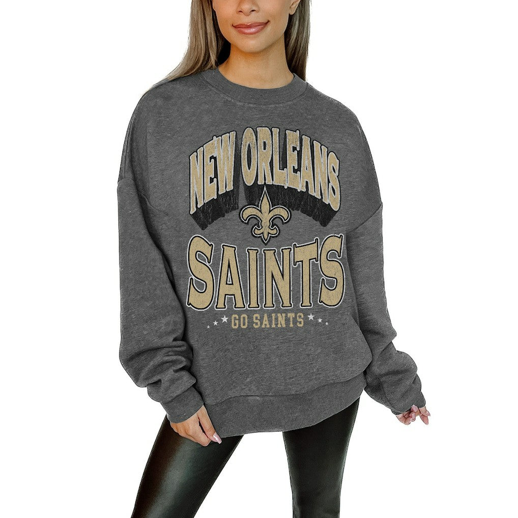 New Orleans Saints Gameday Couture Women's Oversized Long Weekend Premium Fleece Drop Shoulder Pullover Sweatshirt - Charcoal Pullover