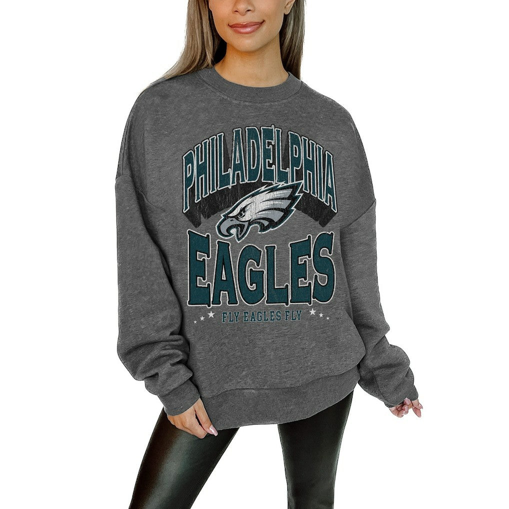 Philadelphia Eagles Gameday Couture Women's Oversized Long Weekend Premium Fleece Drop Shoulder Pullover Sweatshirt - Charcoal Pullover