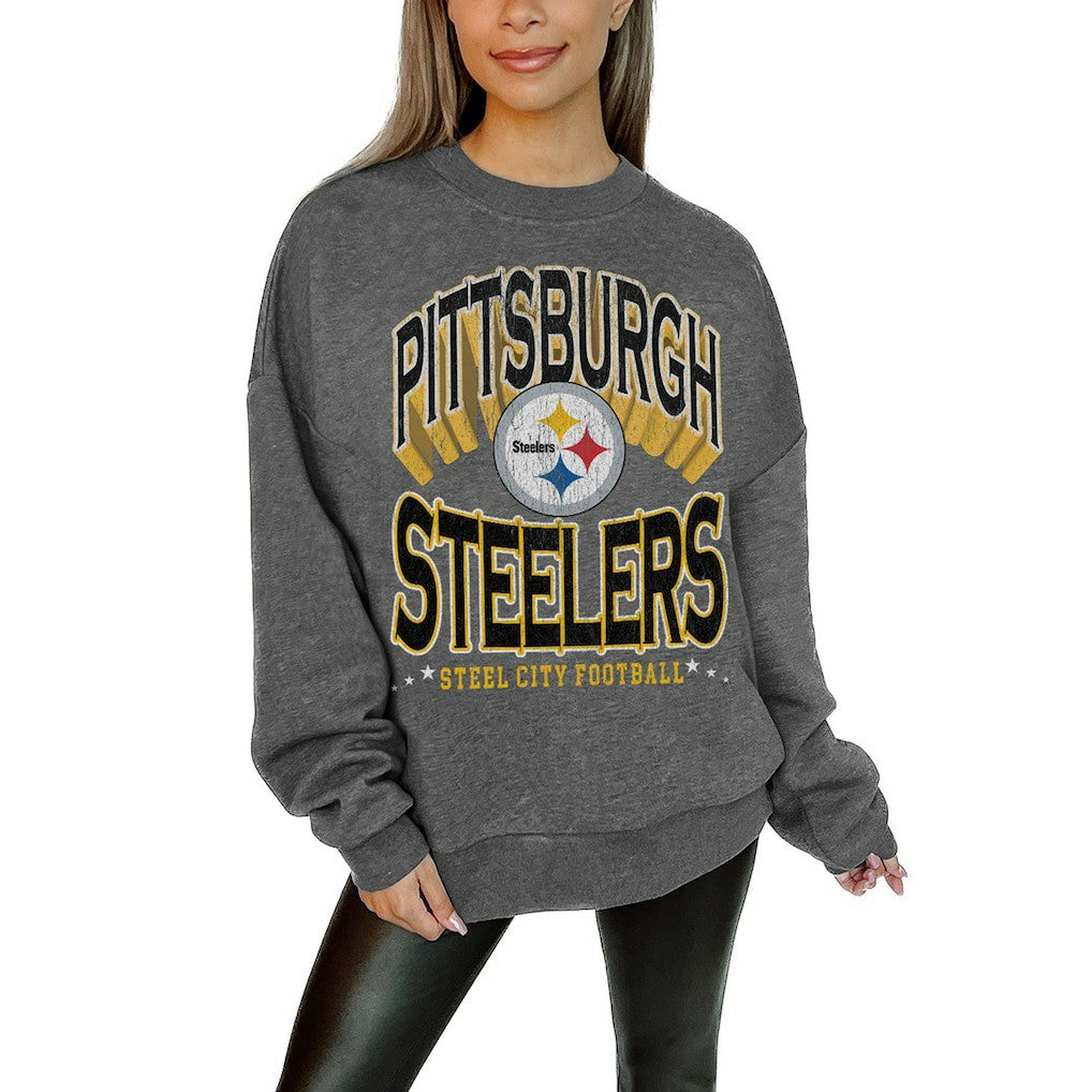 Pittsburgh Steelers Gameday Couture Women's Oversized Long Weekend Premium Fleece Drop Shoulder Pullover Sweatshirt - Charcoal Pullover
