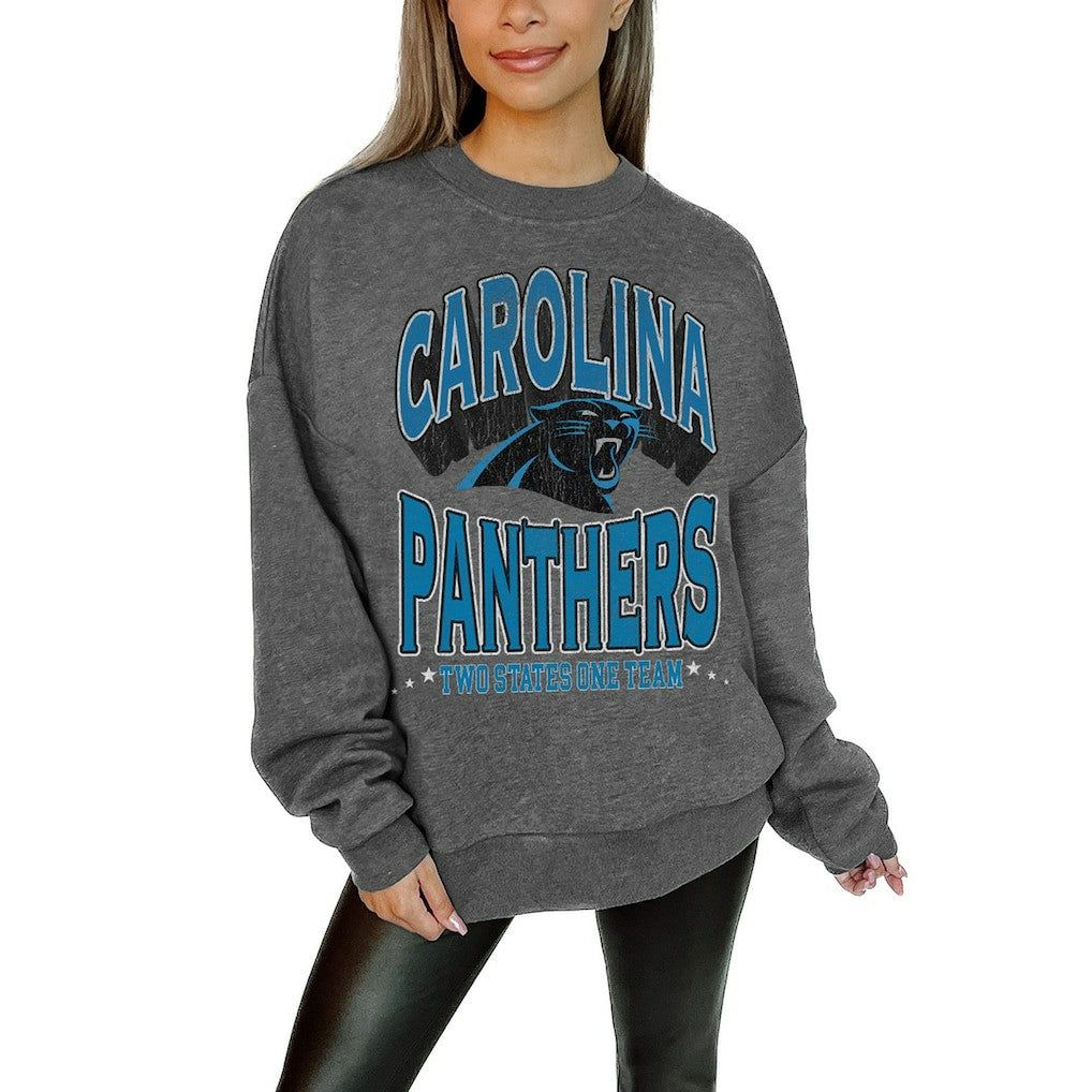 Carolina Panthers Gameday Couture Women's Oversized Long Weekend Premium Fleece Drop Shoulder Pullover Sweatshirt - Charcoal Pullover