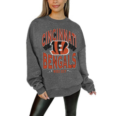 Cincinnati Bengals Gameday Couture Women's Oversized Long Weekend Premium Fleece Drop Shoulder Pullover Sweatshirt - Charcoal Pullover