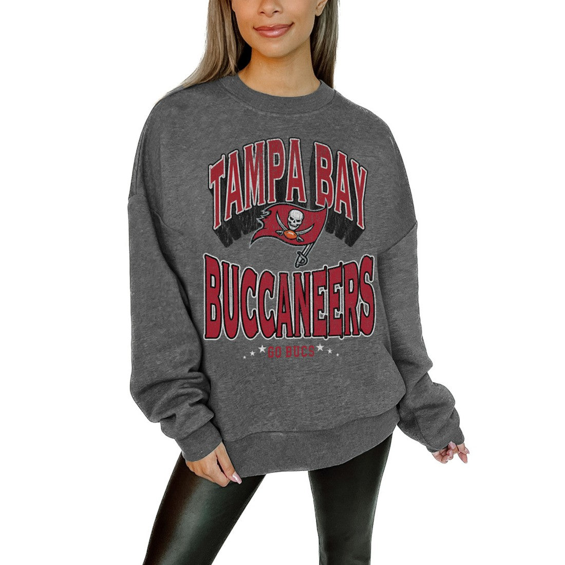 Tampa Bay Buccaneers Gameday Couture Women's Oversized Long Weekend Premium Fleece Drop Shoulder Pullover Sweatshirt - Charcoal Pullover
