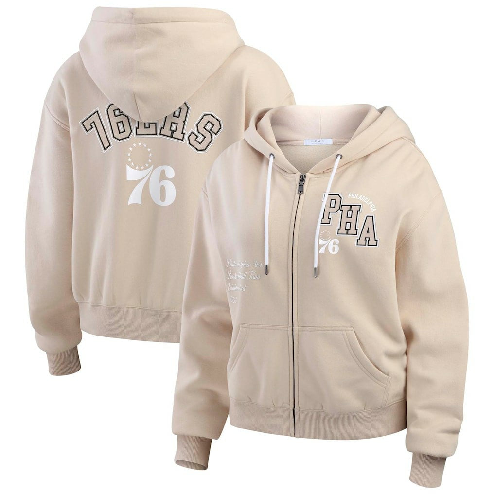 Philadelphia 76ers WEAR by Erin Andrews Women's Plus Size Tonal Felt Patch Full-Zip Hoodie Cream