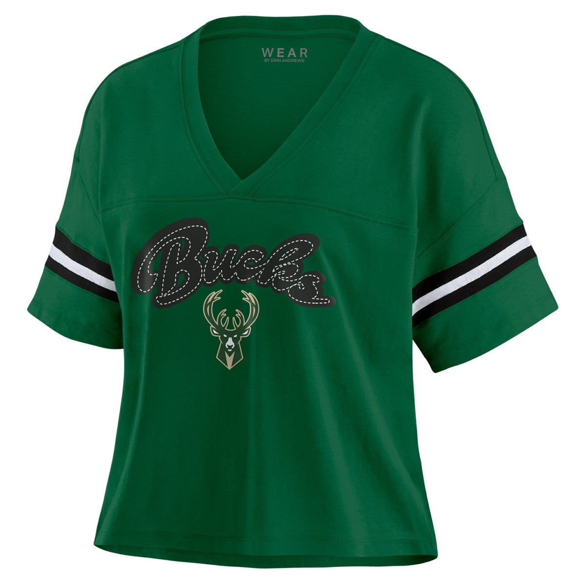 Milwaukee Bucks WEAR by Erin Andrews Women's Plus Size Color Block Boxy V-Neck T-Shirt Hunter Green