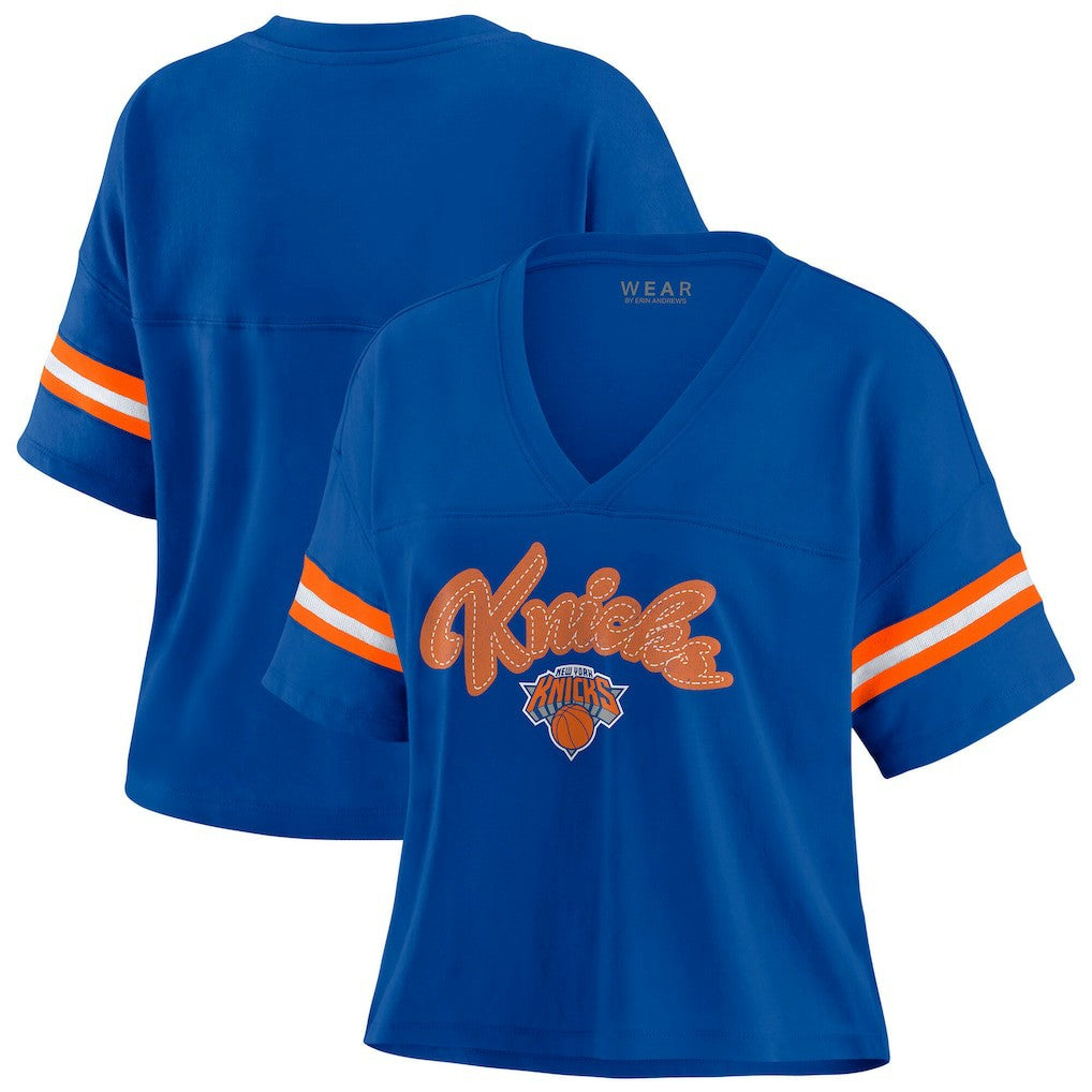 New York Knicks WEAR by Erin Andrews Women's Plus Size Color Block Boxy V-Neck T-Shirt Blue