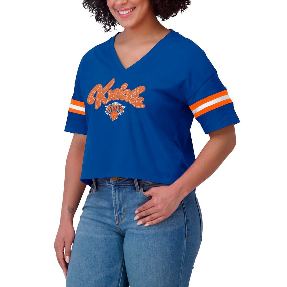 New York Knicks WEAR by Erin Andrews Women's Plus Size Color Block Boxy V-Neck T-Shirt Blue