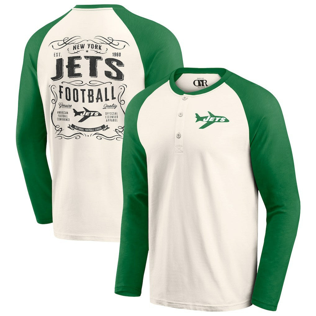 New York Jets Darius Rucker Collection Raglan Henley Long Sleeve T-Shirt - Cream/Green T-shirts